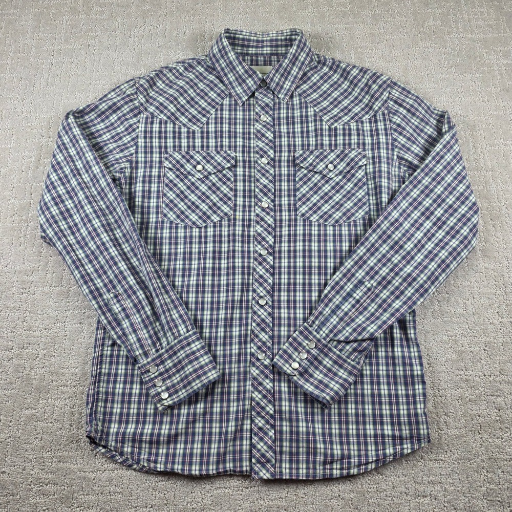 AG Adriano‎ Goldschmied Mens Small Slim Fit Blue Western Plaid Pearl Snap Shirt